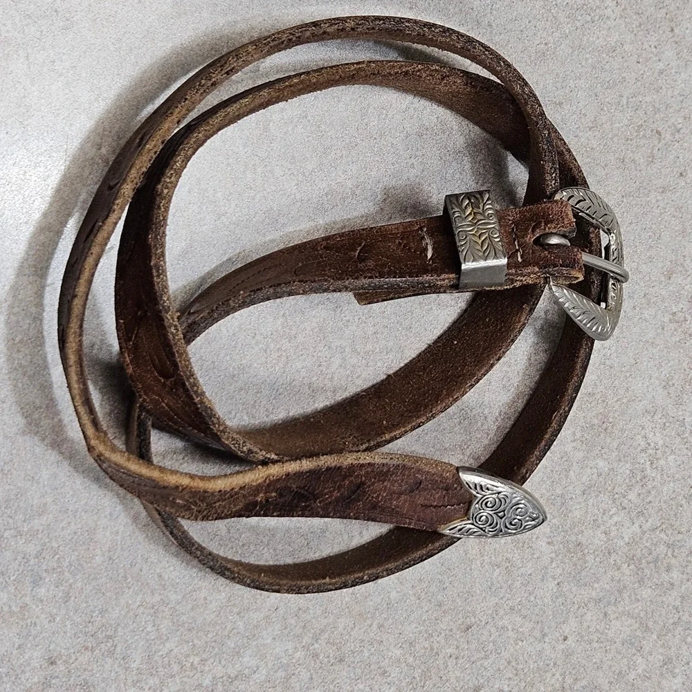 Western Tooled Leather Belt Womens S Brown Silver Engraved Buckle‎ Boho Rustic
